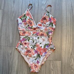 Kona Sol Floral One Piece Swimsuit | Cutout Waist | Medium | Feminine